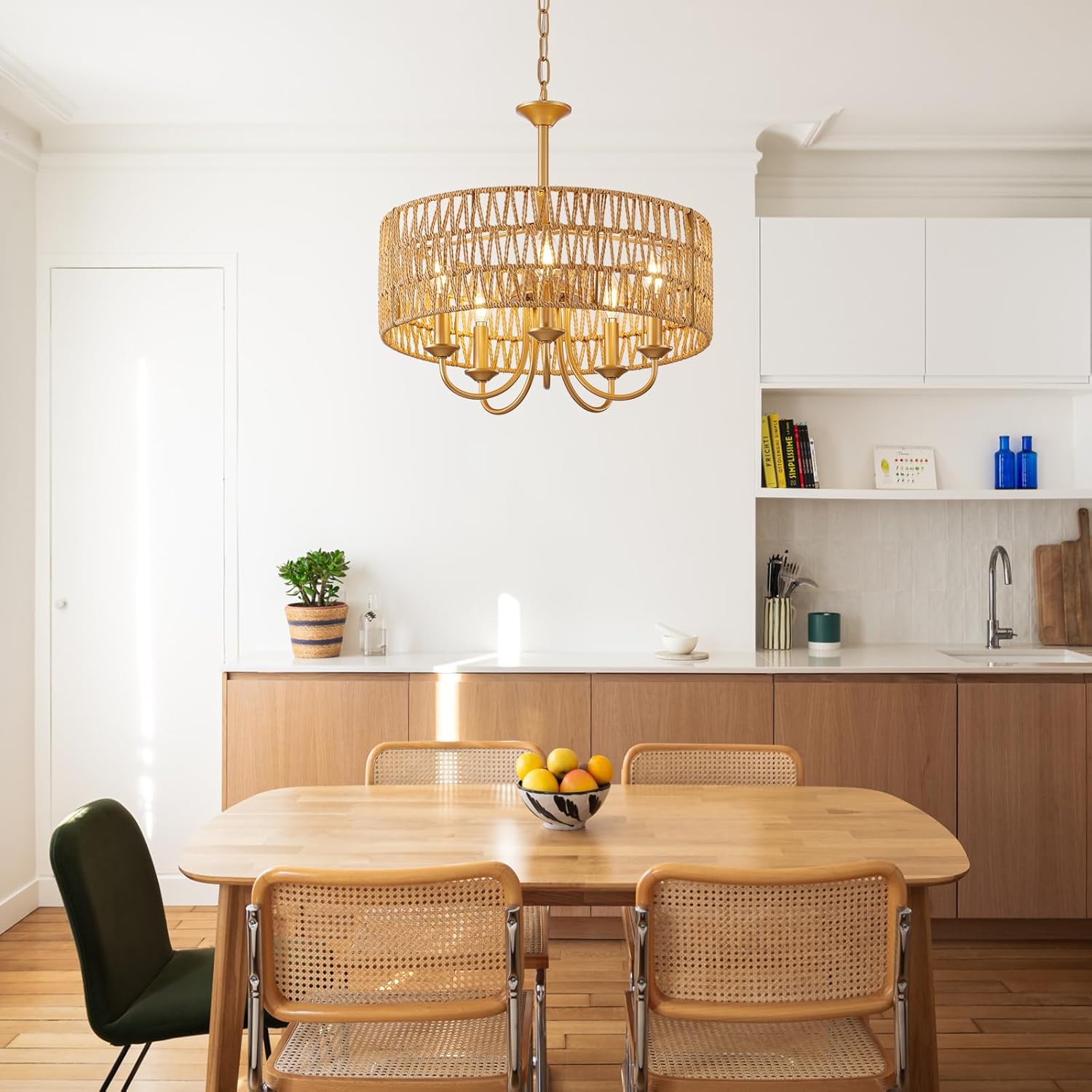 5-Light Boho Large Rattan Chandelier Light Fixture, Gold Rattan Chandeliers for Dining Room with Hand Woven Shade, Farmhouse Rustic Drum Hanging Pendant Light Fixture for Living Room, Hallway, Foyer